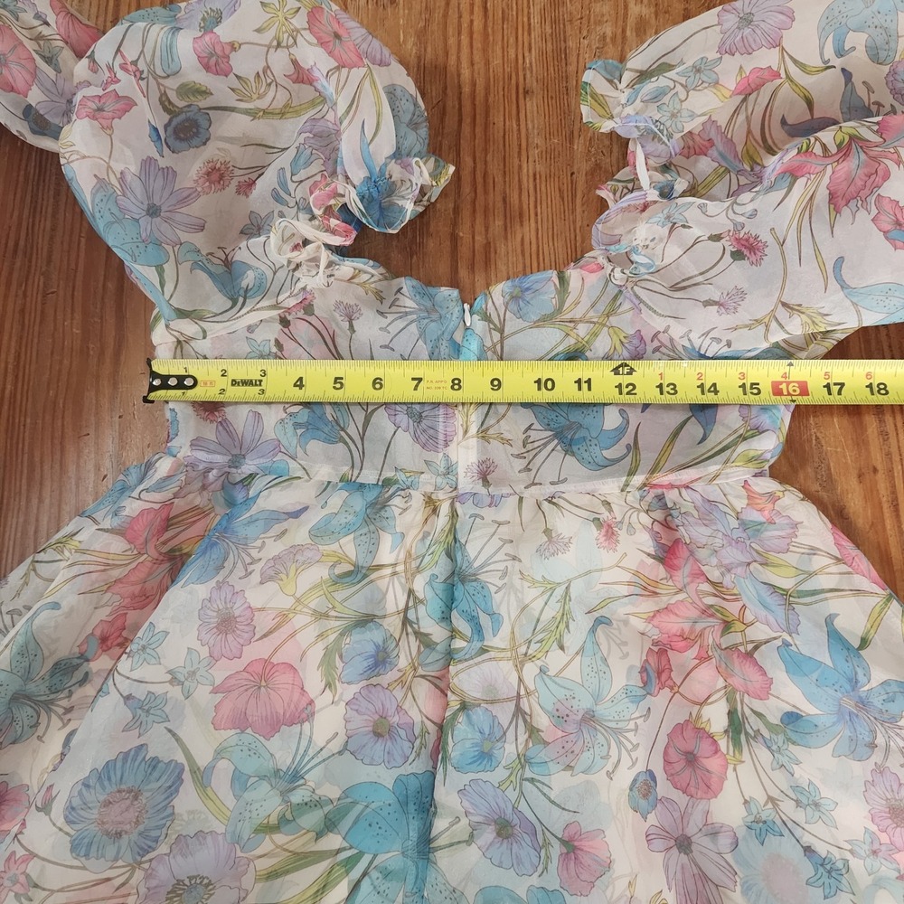 Forever 21 Floral Pastel Organza Puff Sleeve Babydoll Mini Dress Vtg Y2K Medium - Picture 14 of 16